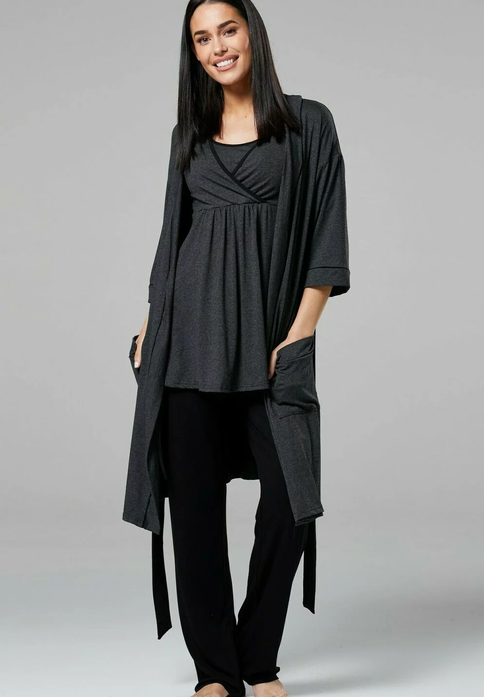 Happy Mama 3 Piece Sleepwear - Badjas - Graphite Melange /Black 4 Happy Mama 3 Piece Sleepwear - Badjas - Graphite Melange /Black - Afbeelding 2