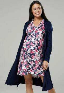 Happy Mama Maternity Hospital Set - Nachtjapon - Navy And Ecru With Flowers