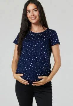 Happy Mama Maternity Layered- T-Shirt Print - Navy With Small White Dots