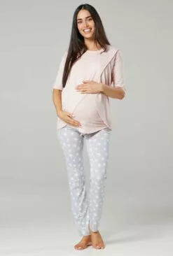 Happy Mama Pyjama - Powder Pink & Grey Melange With Stars