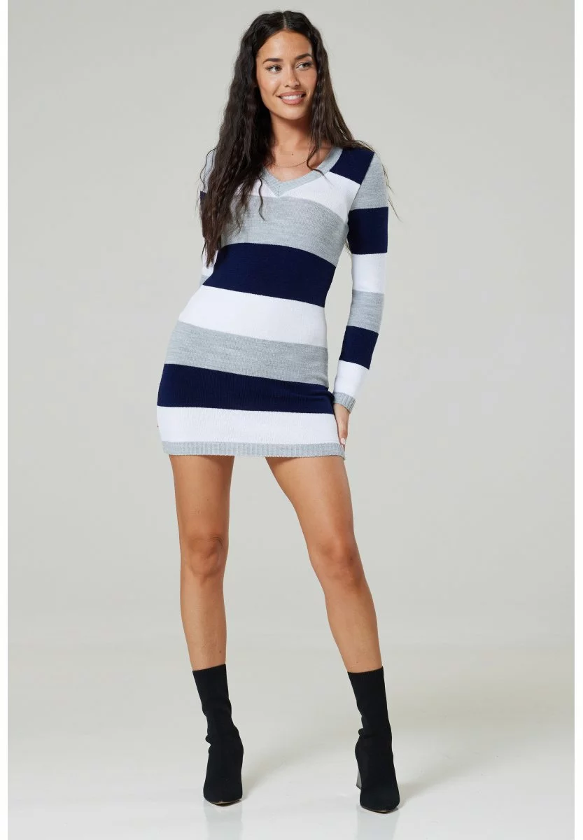 Happy Mama Stretchy Warm Stripes - Gebreide Jurk - Navy 4 Happy Mama Stretchy Warm Stripes - Gebreide Jurk - Navy - Afbeelding 2