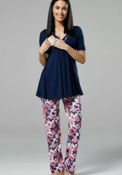 Happy Mama 3 Piece Sleepwear - Badjas - Navy/ Ecru With Flowers -Happy Mama Verkoop 35dcf189d7c442a0bee7e3c21e959a9a