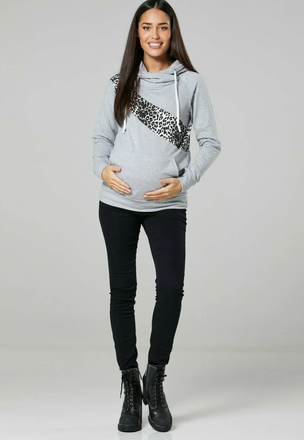 Happy Mama Maternity Nursing Colour Block - Hoodie - Light Grey Melange Panther 4 Happy Mama Maternity Nursing Colour Block - Hoodie - Light Grey Melange Panther - Afbeelding 2