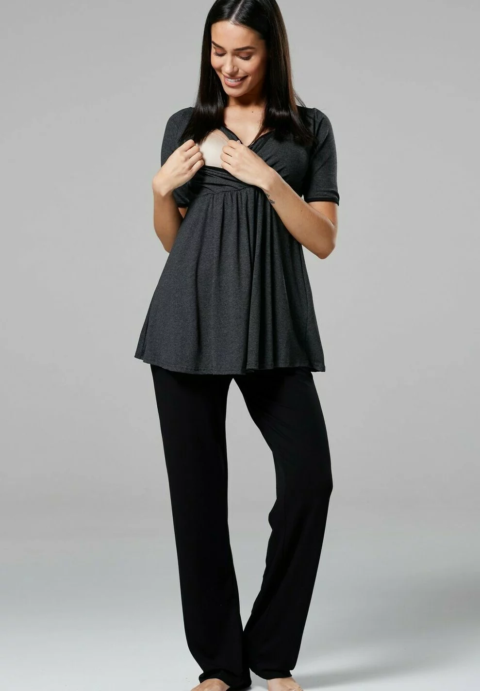 Happy Mama 3 Piece Sleepwear - Badjas - Graphite Melange /Black 7 Happy Mama 3 Piece Sleepwear - Badjas - Graphite Melange /Black - Afbeelding 5