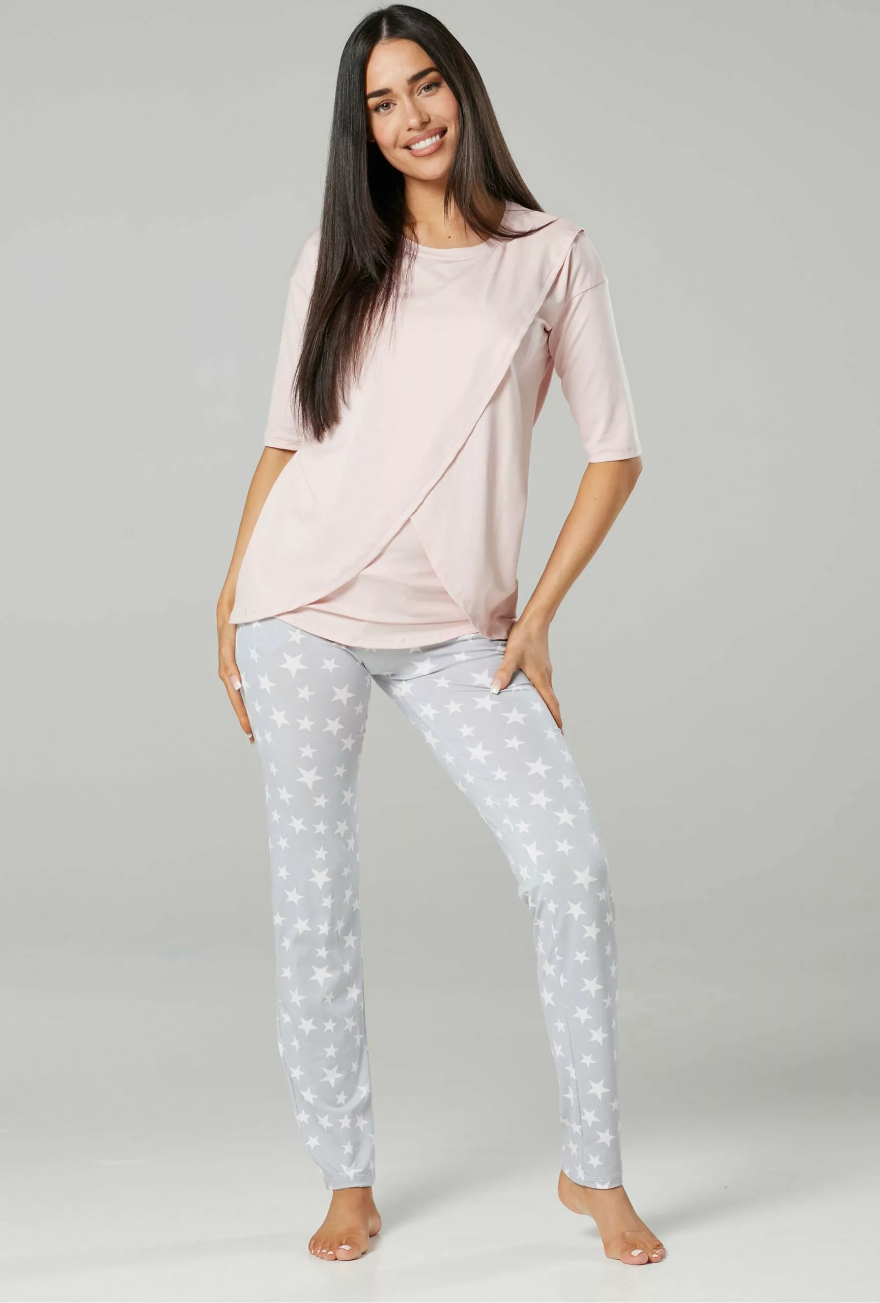 Happy Mama Pyjama - Powder Pink & Grey Melange With Stars 6 Happy Mama Pyjama - Powder Pink & Grey Melange With Stars - Afbeelding 5