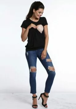 Happy Mama Maternity Layered- T-Shirt Print - Black -Happy Mama Verkoop 5e2b86353239477bacfc89494e8dce2e