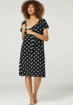 Happy Mama Buttoned Delivery- Nachtjapon - Black With Dots -Happy Mama Verkoop 6507da4805374c7aaf2215f44142ad77