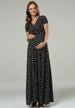 Happy Mama Wrap Short Sleeve - Maxi-Jurk - Black With Dots