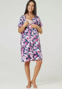 Happy Mama Maternity Breastfeeding 2-Pack - Nachtjapon - Graphite Melange Ecru With Flowers