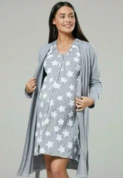 Happy Mama Maternity Hospital Set - Nachtjapon - Grey Melange And Grey With Stars