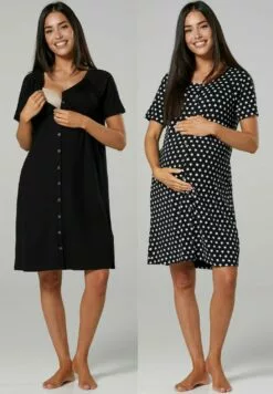 Happy Mama Maternity Breastfeeding 2-Pack - Nachtjapon - Black Black With Stars