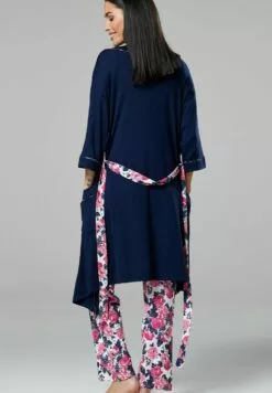 Happy Mama 3 Piece Sleepwear - Badjas - Navy/ Ecru With Flowers -Happy Mama Verkoop 999b16ead410466490216f3cb9ba989e