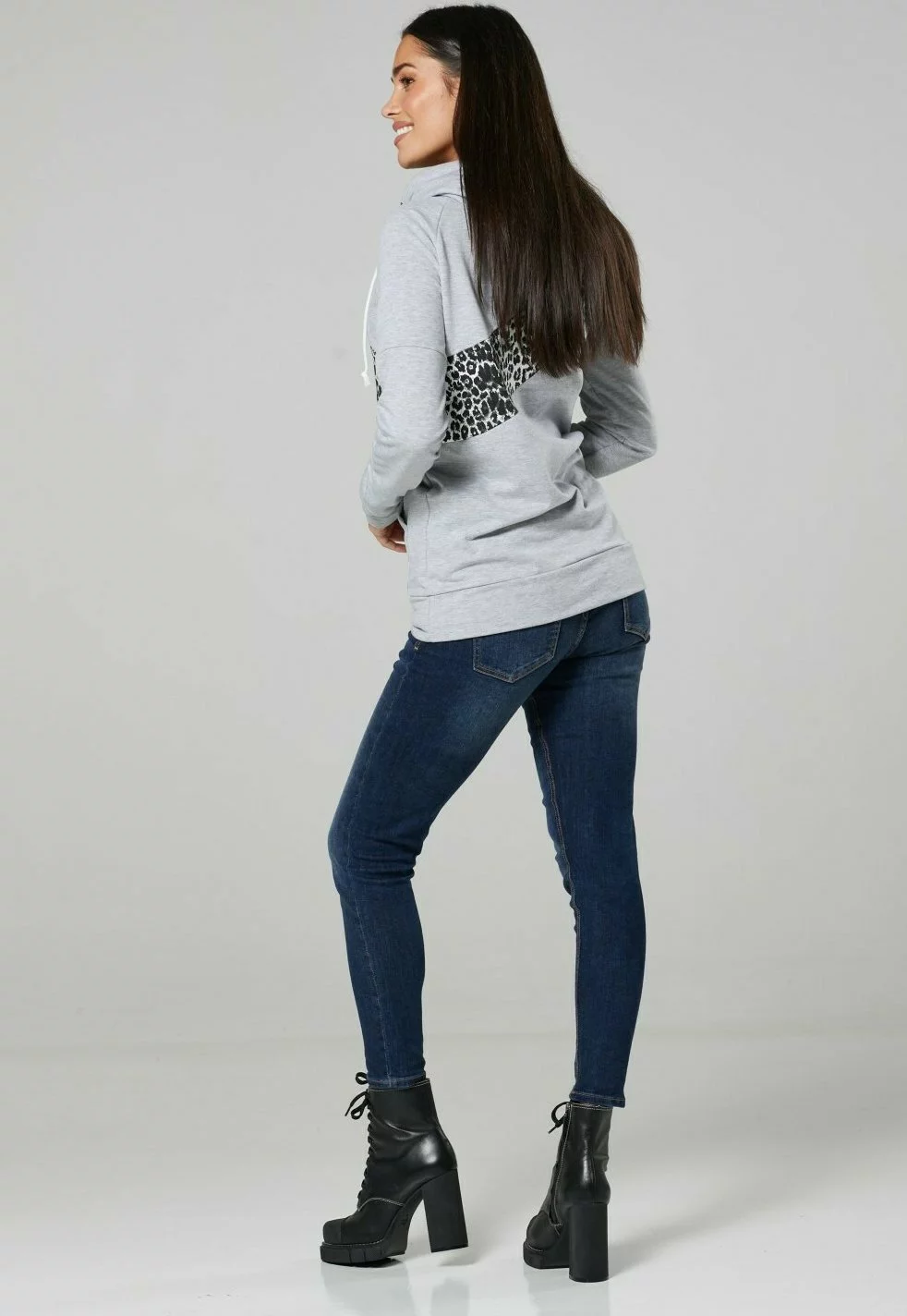 Happy Mama Maternity Nursing Colour Block - Hoodie - Light Grey Melange Panther 5 Happy Mama Maternity Nursing Colour Block - Hoodie - Light Grey Melange Panther - Afbeelding 3