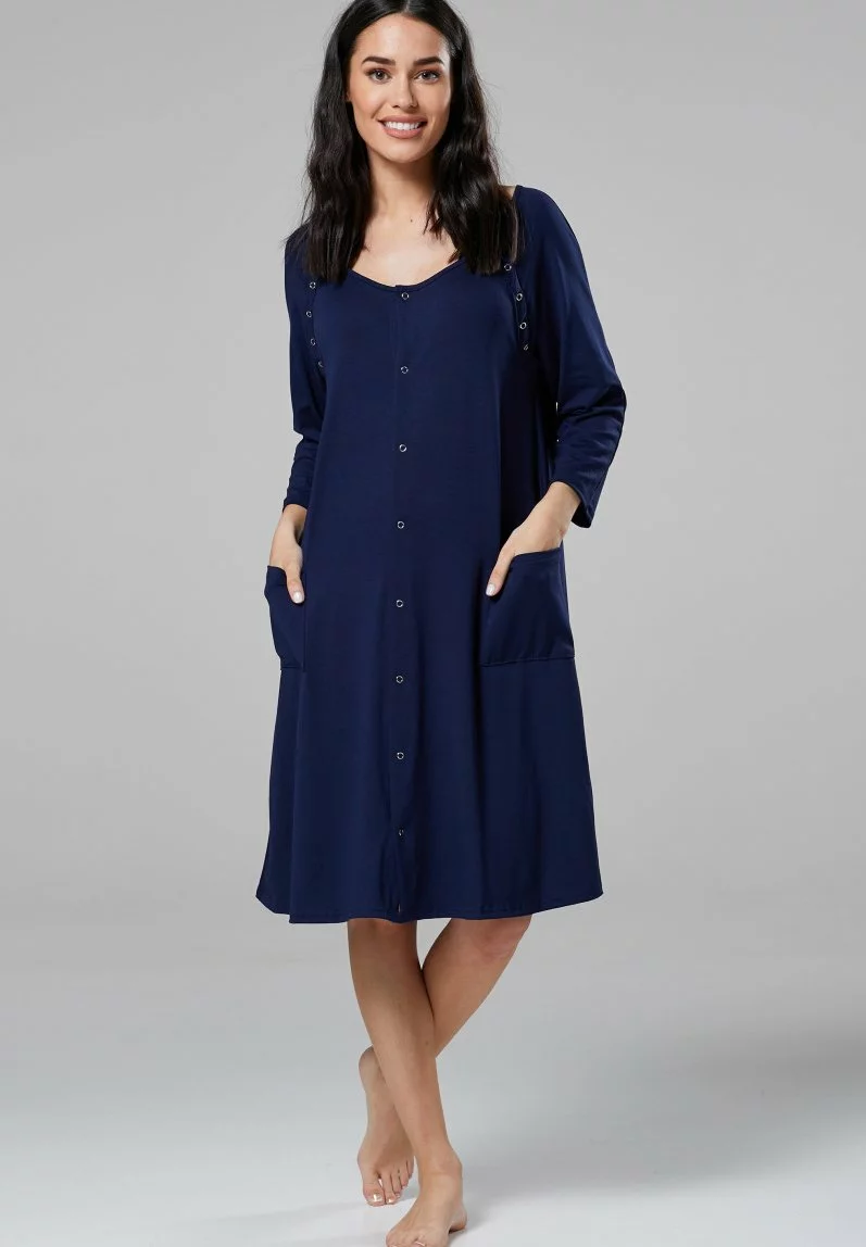 Happy Mama Maternity Skin To Skin Labor - Nachtjapon - Navy 4 Happy Mama Maternity Skin To Skin Labor - Nachtjapon - Navy - Afbeelding 2