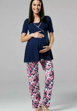 Happy Mama 3 Piece Sleepwear - Badjas - Navy/ Ecru With Flowers