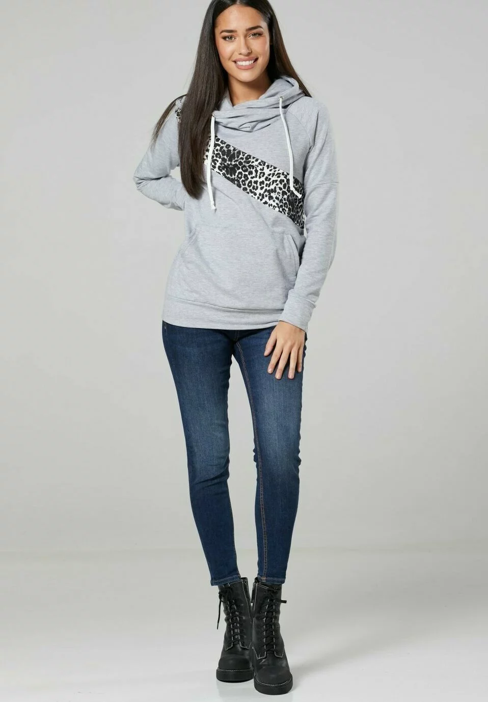 Happy Mama Maternity Nursing Colour Block - Hoodie - Light Grey Melange Panther 6 Happy Mama Maternity Nursing Colour Block - Hoodie - Light Grey Melange Panther - Afbeelding 4