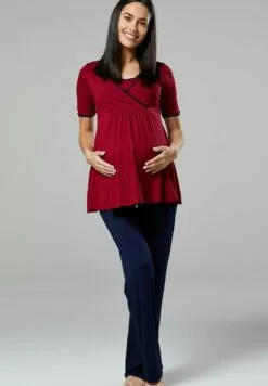 Happy Mama 3 Piece Sleepwear - Badjas - Crimson / Navy