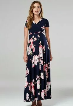 Happy Mama Wrap Short Sleeve - Maxi-Jurk - Dark Blue/Pink