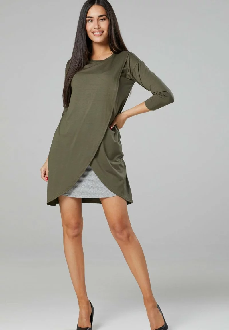 Happy Mama Maternity Nursing - Jurk - Khaki/ Grey Melange 4 Happy Mama Maternity Nursing - Jurk - Khaki/ Grey Melange - Afbeelding 2