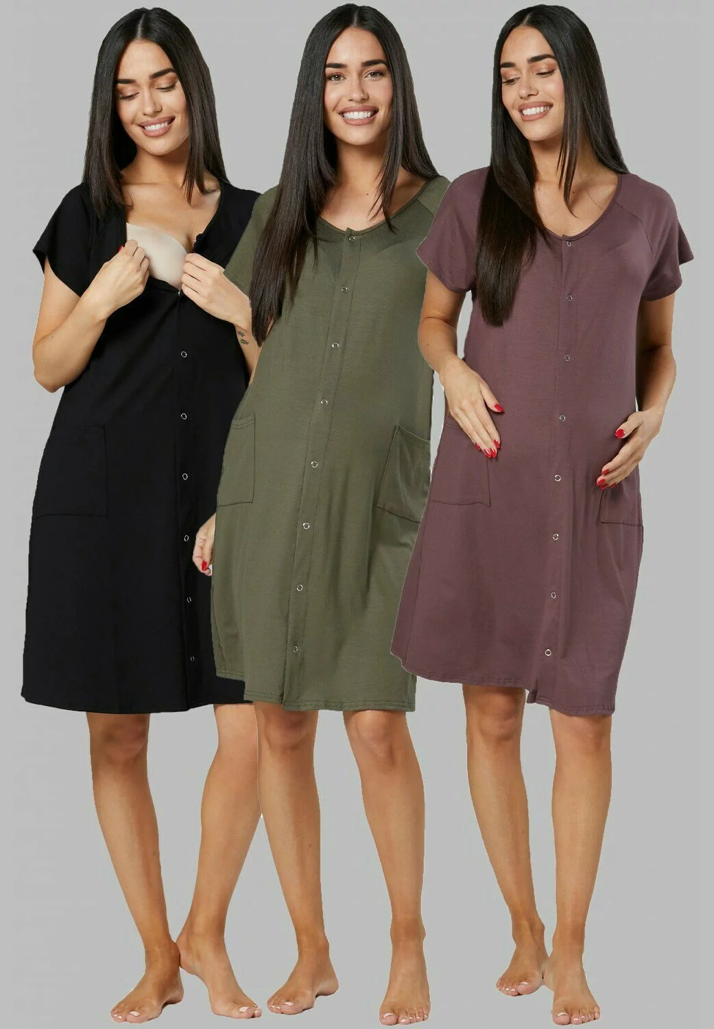 Happy Mama 3-Pack - Nachtjapon - Black & Cappuccino & Khaki 3 Happy Mama 3-Pack - Nachtjapon - Black & Cappuccino & Khaki