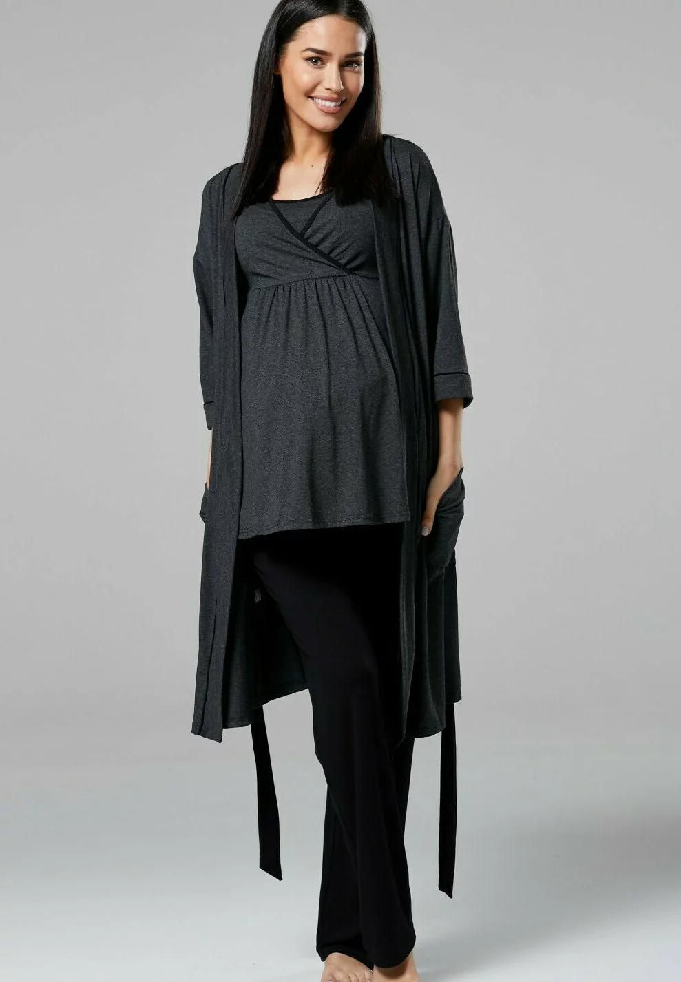 Happy Mama 3 Piece Sleepwear - Badjas - Graphite Melange /Black 8 Happy Mama 3 Piece Sleepwear - Badjas - Graphite Melange /Black - Afbeelding 6