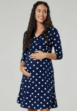 Happy Mama 3/4 Sleeve V-Neck- Jerseyjurk - Navy With Large Dots