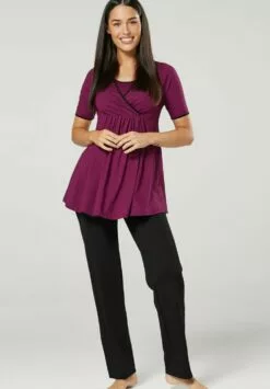 Happy Mama 3 Piece Sleepwear - Badjas - Plum /Black
