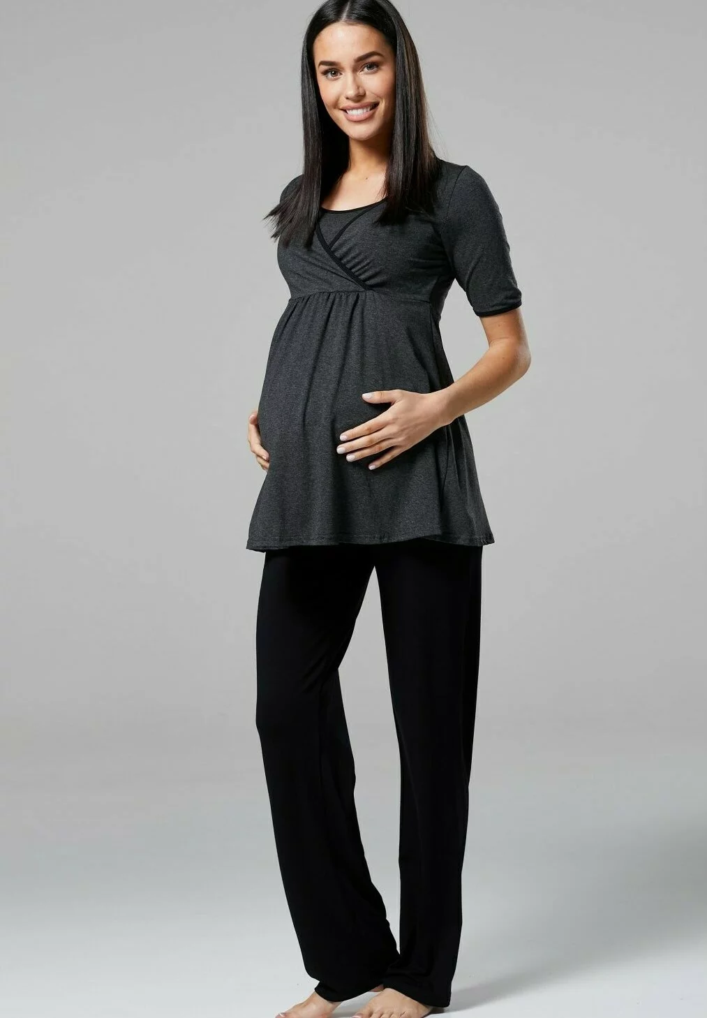 Happy Mama 3 Piece Sleepwear - Badjas - Graphite Melange /Black 6 Happy Mama 3 Piece Sleepwear - Badjas - Graphite Melange /Black - Afbeelding 4